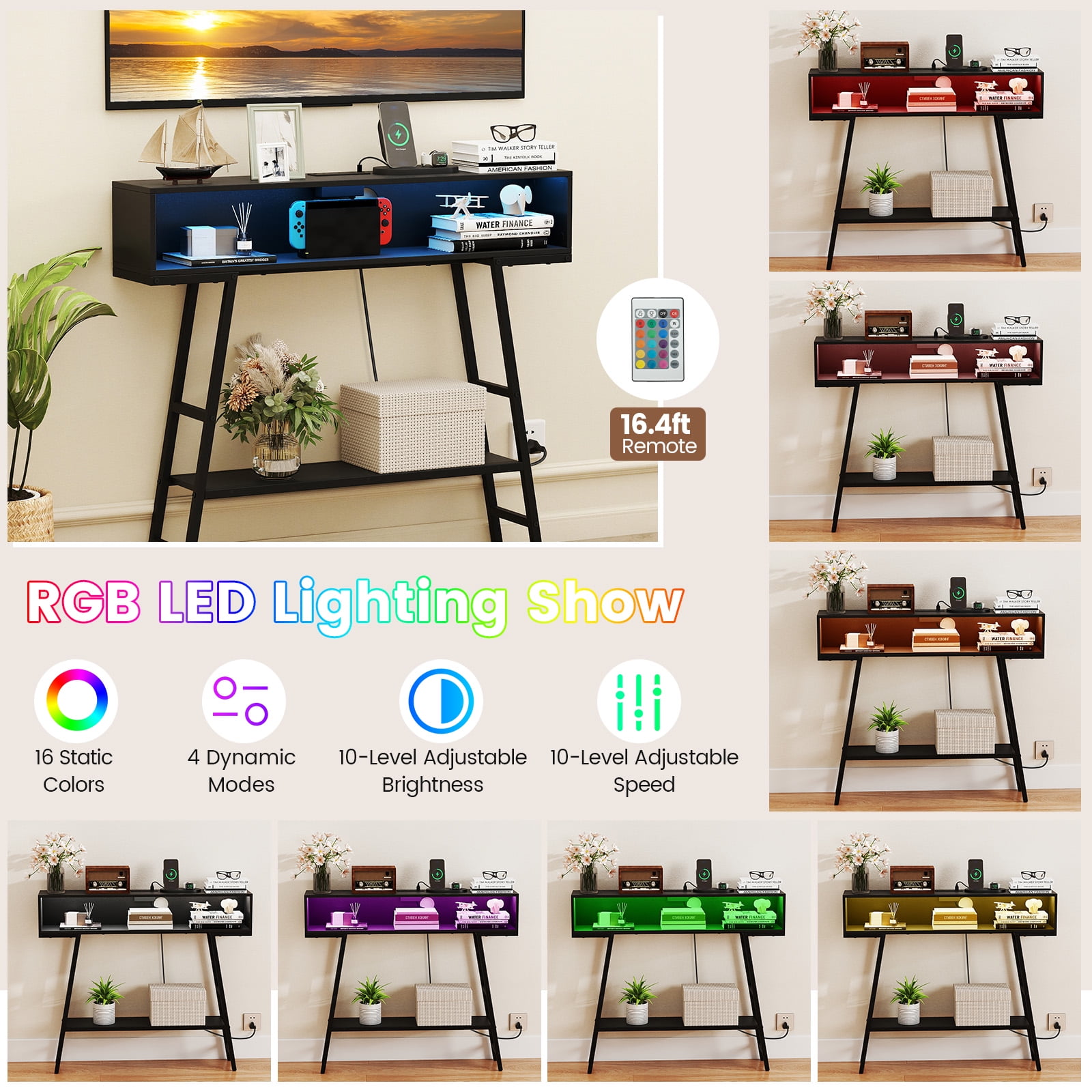 Gymax 40'' Console Table w/ Power Strip 3-Tier Entryway Table w/ RGB LED Lights Black