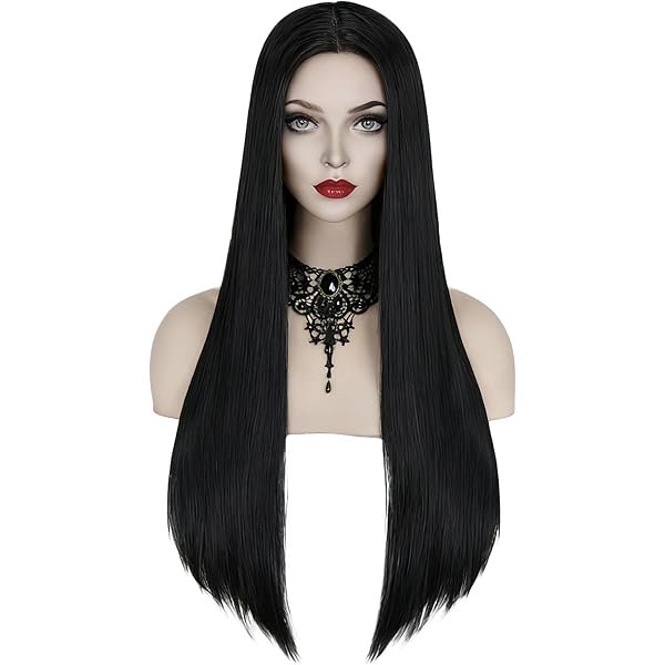 wonima44 FOVER Black Wigs for Gothic Costume Women Long Black Wig with Necklace Natural Cute Straight Wigs FE029BK