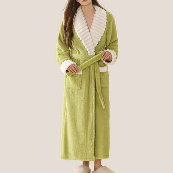 Fewfanhot Women's Elegant Long Bath Robe Warm Housecoat with Faux-Fur Trim Collar for Outer Wear & Casual Home Wear