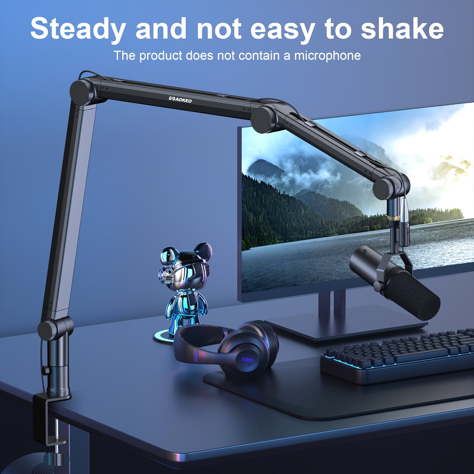 Adjustable Microphone Boom Arm with Cable Management, 3-Section Flexible Cantilever Bracket for Heavy Mics Like Blue Snowball, QuadCast, Elgato Wave - Desktop Clip Mount