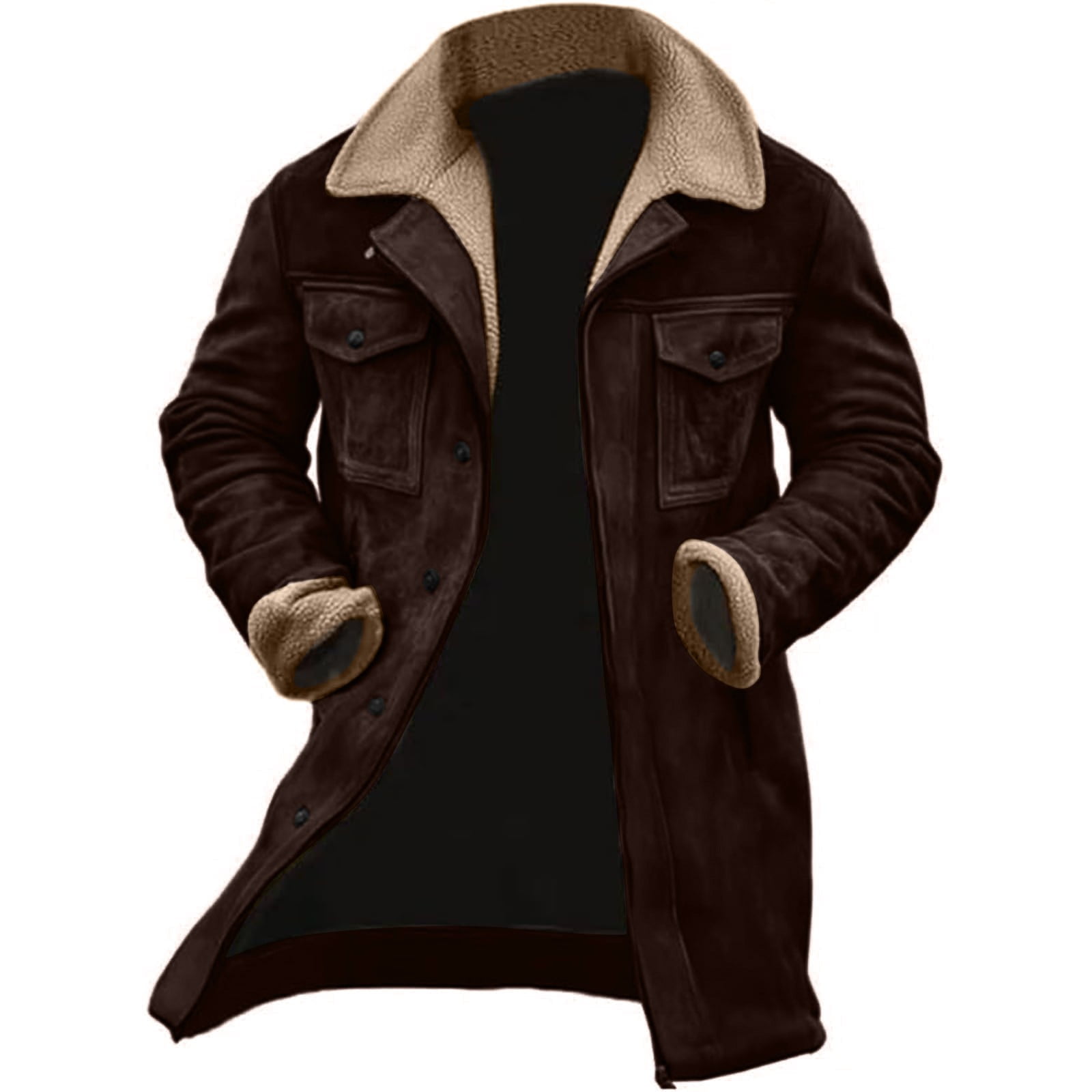 Western Jackets for Men Vintage Cowboy Suede Jacket Plush Collar Coats Faux Leather Zip Up Casual Retro Winter Tops Coffee M