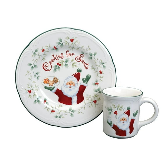 Pfaltzgraff Winterberry Cookies and Milk for Santa Plate and Mug Set, White with Red & Green Accents