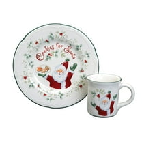 Pfaltzgraff Winterberry Cookies and Milk for Santa Plate and Mug Set, White with Red & Green Accents