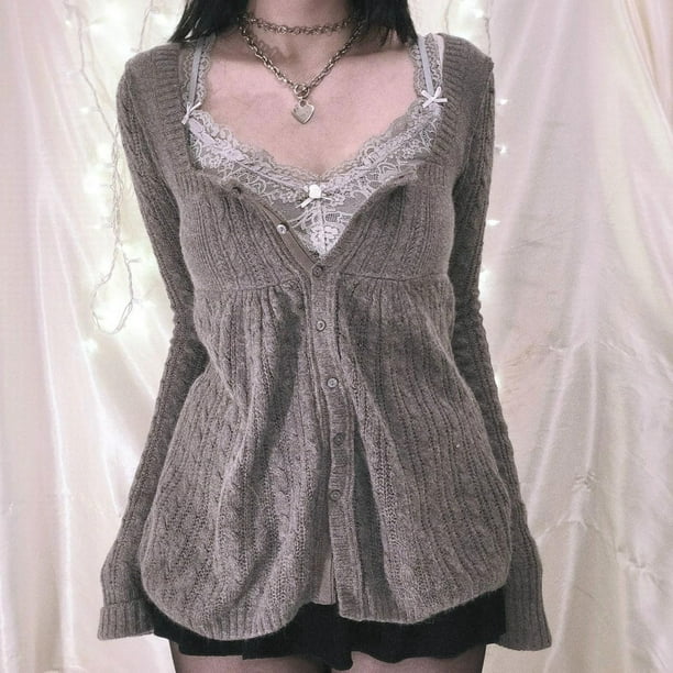 Fairycore-cárdigan de punto Grunge para mujer, ropa de calle de manga larga con botonadura única, y2k, estética Vintage, Kawaii, 2000