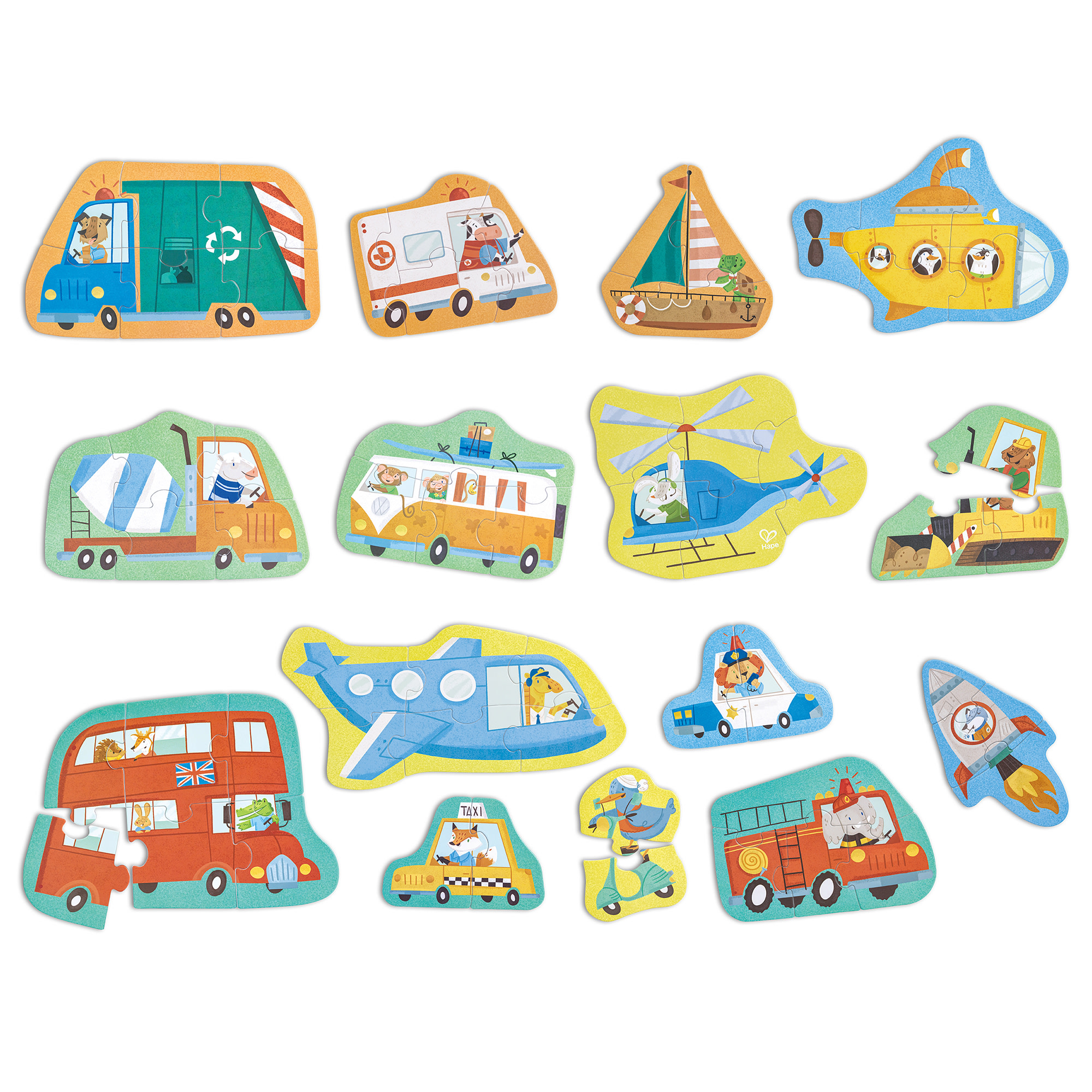 Hape: Wheels & Wonders Puzzle - 15 Mini Vehicle Shaped Puzzles, 2-6 Oversized Pieces Each, Animal & Transportation Themed, Toddlers & Kids Ages 18mo+