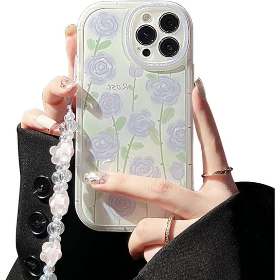 Compatible with iPhone 13 Pro Max Case,Cute Purple Rose Floral Pattern with Lovely Flower Strap Bracelet Chain, Aesthetic Kawaii Soft TPU Shockproof Protective Cover for Women Girls-Purple