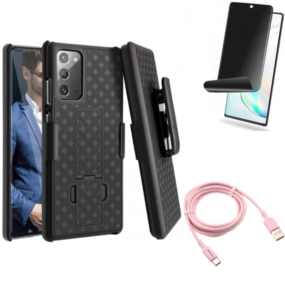 Privacy Screen Protector & Case Belt Clip & 6ft USB-C Cable for Samsung Galaxy Note 20 (6.7") - Combo with TPU Film Anti-Peep & Holster Swivel & Pink Charger Cord