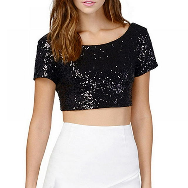 Women‘s Sequined O Neck Short Sleeve Backless Crop Top