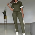 thumbnail image 6 of Women's Casual Side Stripe Drawstring Pants Set with Short Sleeve Shirt, Relaxed Fit Lounge Suit for Travel or Daily Wear, Comfortable Two Piece | CSEONE,Army Green L, 6 of 7