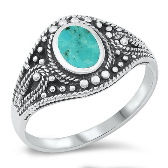 Simulated Turquoise Ornate Bali Rope Boho Ring .925 Sterling Silver Band Blue CZ Female Size 5