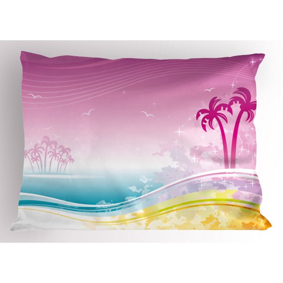 Luau Pillow Sham Fantasy Beach in Hawaiian Landscape Dreamy Island Coast Aloha Holiday Design, Decorative Standard Queen Size Printed Pillowcase, 30 X 20 Inches, Violet Blue Orange, by Ambesonne