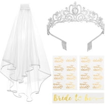 Bride to Be Veil & Alloy Bride Crown Hair Band & Glitter Bachelorette Sash & Sticker Set for Bride Bachelorette Party Favors Silver 136x160x45mm