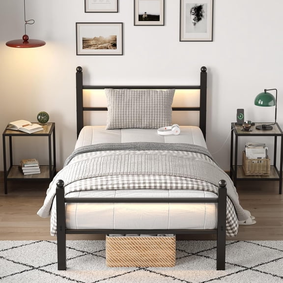 Twin Bed Frame with Headboard and Footboard,Heavy Duty Steel Slats Support Metal Bed Frame with Charging Station, Black