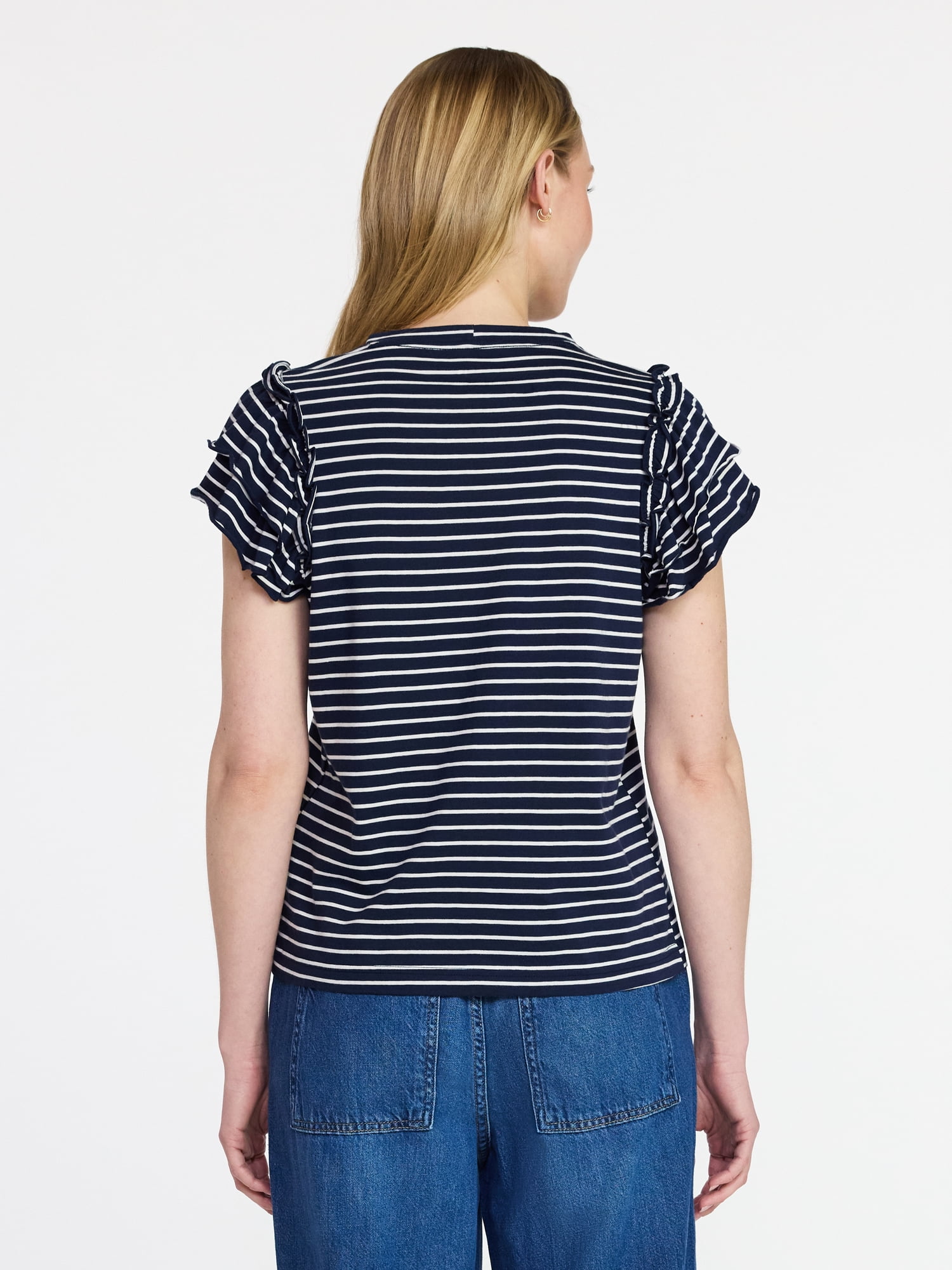 Time and Tru Women's Cotton Crewneck Tee with Ruffle Flutter Sleeves, Sizes XS-XXXL
