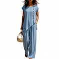 thumbnail image 6 of MLCDZ Sets for Women 2 Piece Button Round Neck Short Sleeves Tops and Wide Leg Loose Fit Pants Set Matching Beach Vacation Outfit with Pockets, 6 of 7