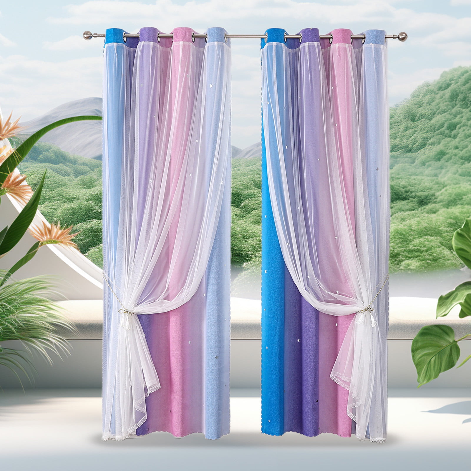 2-in-1 Double-Layer Kids & Girls Unicorn Princess Ombre Blackout Curtains with Foil Print Sheer,Panels for Bedroom, Nursery, Living Room - Yellow Purple Blue, 52W x 63L