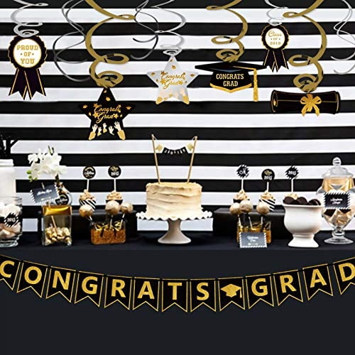 Decoraciones de Banner de Remolino Colgante de Graduación, Negro Oro Plata Estrella Banner Omgouue Omgouue
