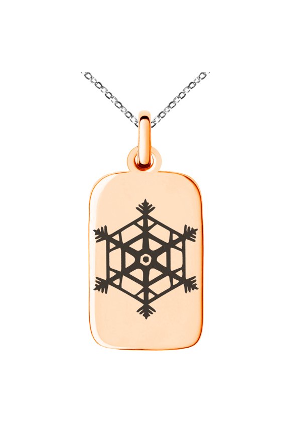 Gold Plated Stainless Steel Crystallized Snowflake Engraved Small Rectangle Dog Tag Charm Pendant Necklace