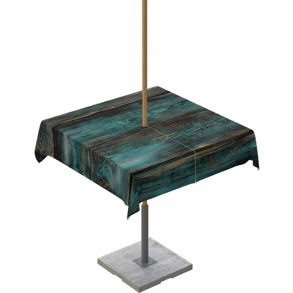 Hokiten Outdoor Tablecloths with Umbrella Hole & Zipper, Teal Brown Plank Prints 60x60 Inch Square Tablecloths, Farmhouse Vintage Wooden Grain Waterproof Table Cloth, Patio/Pool/Picnic Table Covers