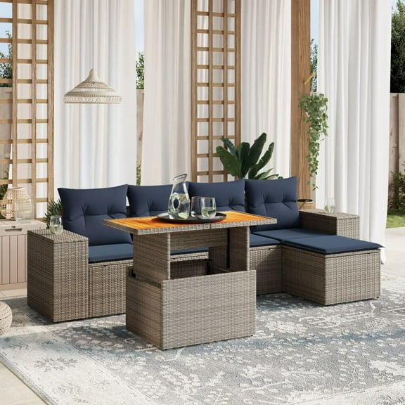 vidaXL 6 Piece Patio Sofa Set with Cushions Gray Poly Rattan