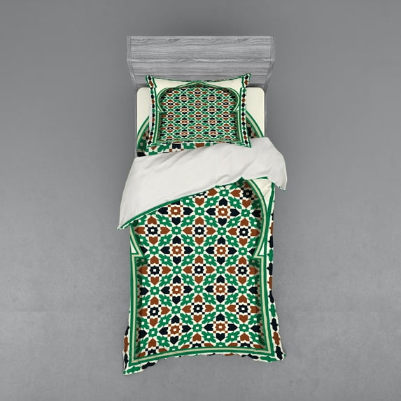Ambesonne Retro Bedding Set 3 Pcs, Moroccan Arch with Floral, Twin XL, Green and Brown