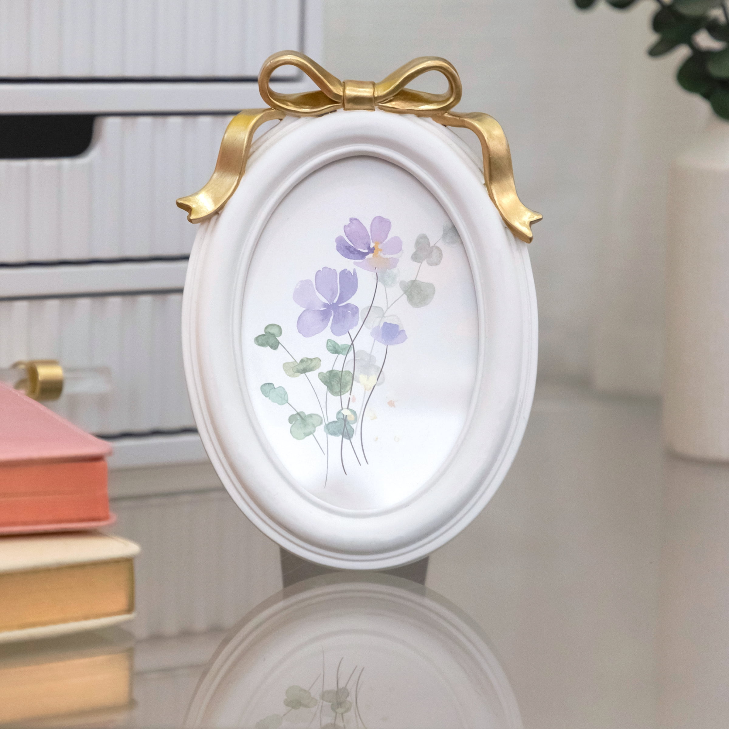 OneDesign Home 5x7 White Resin Tabletop Picture Frame with Gold Bow Accent