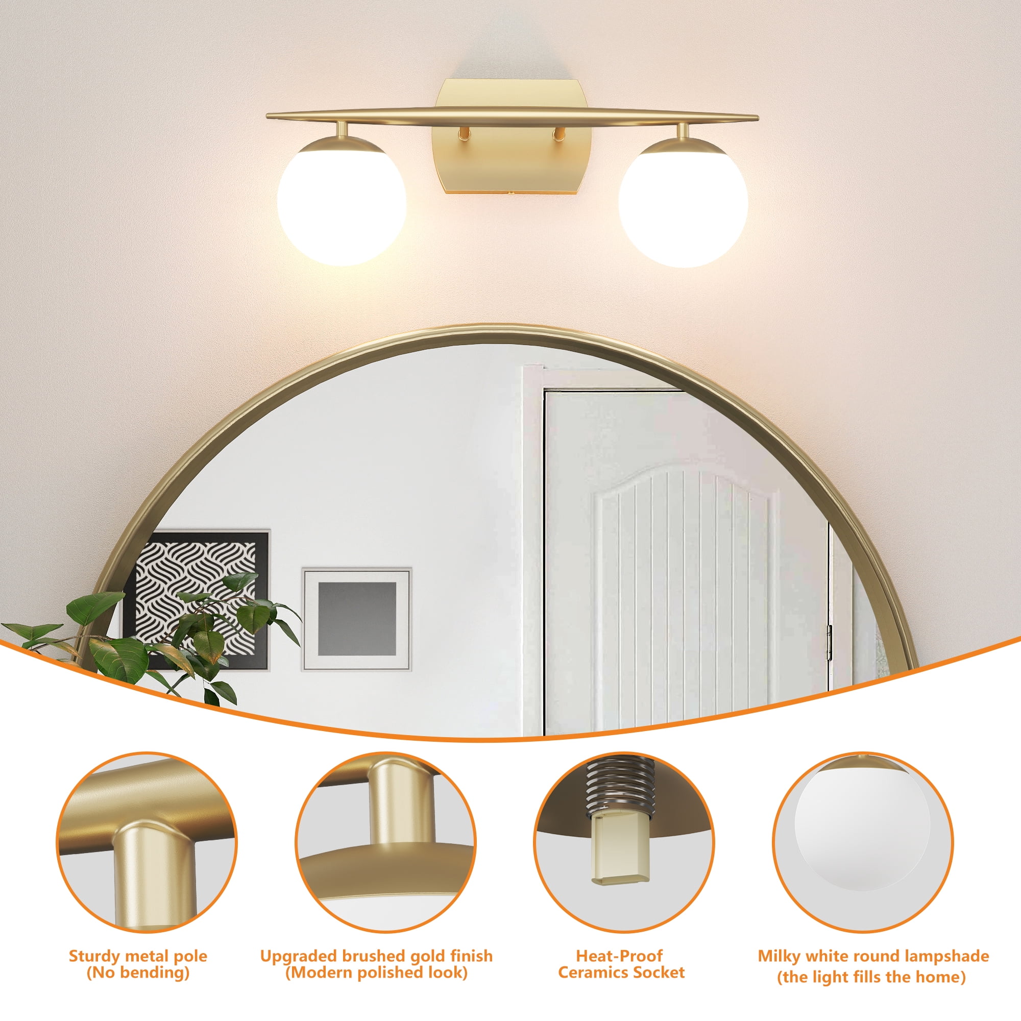 Black Vanity Lighting Fixtures, 2-Light 20 Inch Modern Bathroom Light with Milky White Frosted Glass Shades, Wall Lights for Bathroom, Bedroom, Living Room（G9 Bulb not Included）