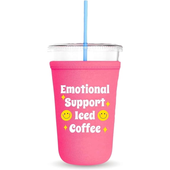 Emotional Support Iced Coffee, Neoprene Iced Coffee Cup Cooler, Gift and Party Favor Drinkware Ideas, Cold Drink Sleeve (Hot Pink)
