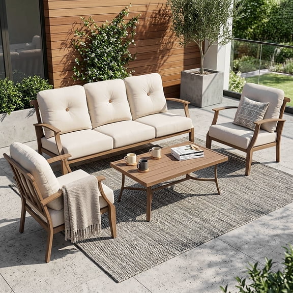 Nuu Garden 4-Piece Patio Sofa Set Outdoor Aluminum Conversation Sofa with Zippered Cushion and Coffee Table, for Porch Garden Backyard Balcony and Poolside, Beige
