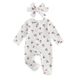 thumbnail image 2 of BemeyourBBs Preemie Newborn Baby Girl Fall Winter Spring Clothes Infant Baby Girls Footied Romper Cherry Print Long Sleeve Zip Up Round Neck Ruffled Footed Jumpsuit with Headband, 2 of 3