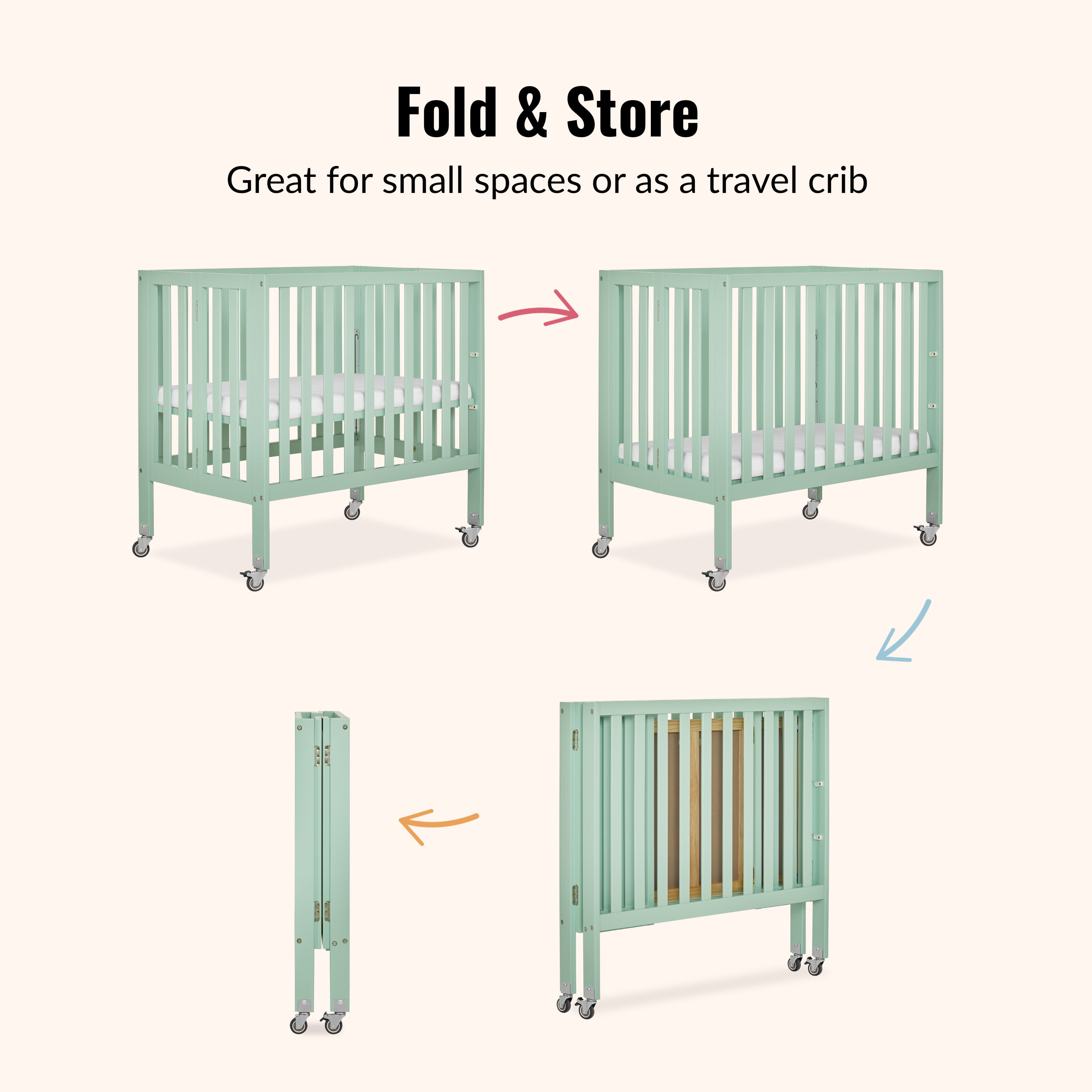 Dream On Me Jett Non-Full Size Folding Crib I Removable Wheels I Modern Nursey I Adjustable Mattress Support I Patent Folding System I Included 2.5” Mattress In Mint