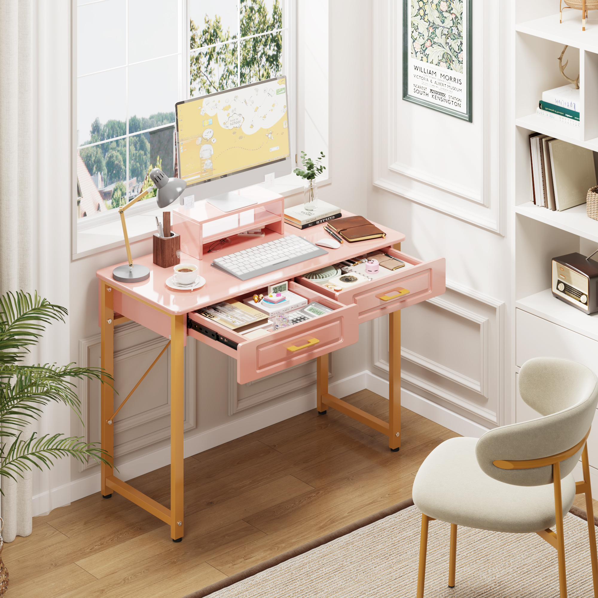 GYIIYUO Pink and Gold Modern Writing Desk with 2 Drawers, Computer Desk for Home Office, Bedroom