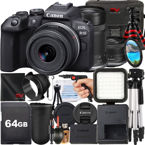Canon EOS R100 Mirrorless Camera with RF-S 18-45mm   55-210mm Lens   SanDisk 64GB Memory Card   Case   Tripod   SV Premium Accessory Bundle (International Version)