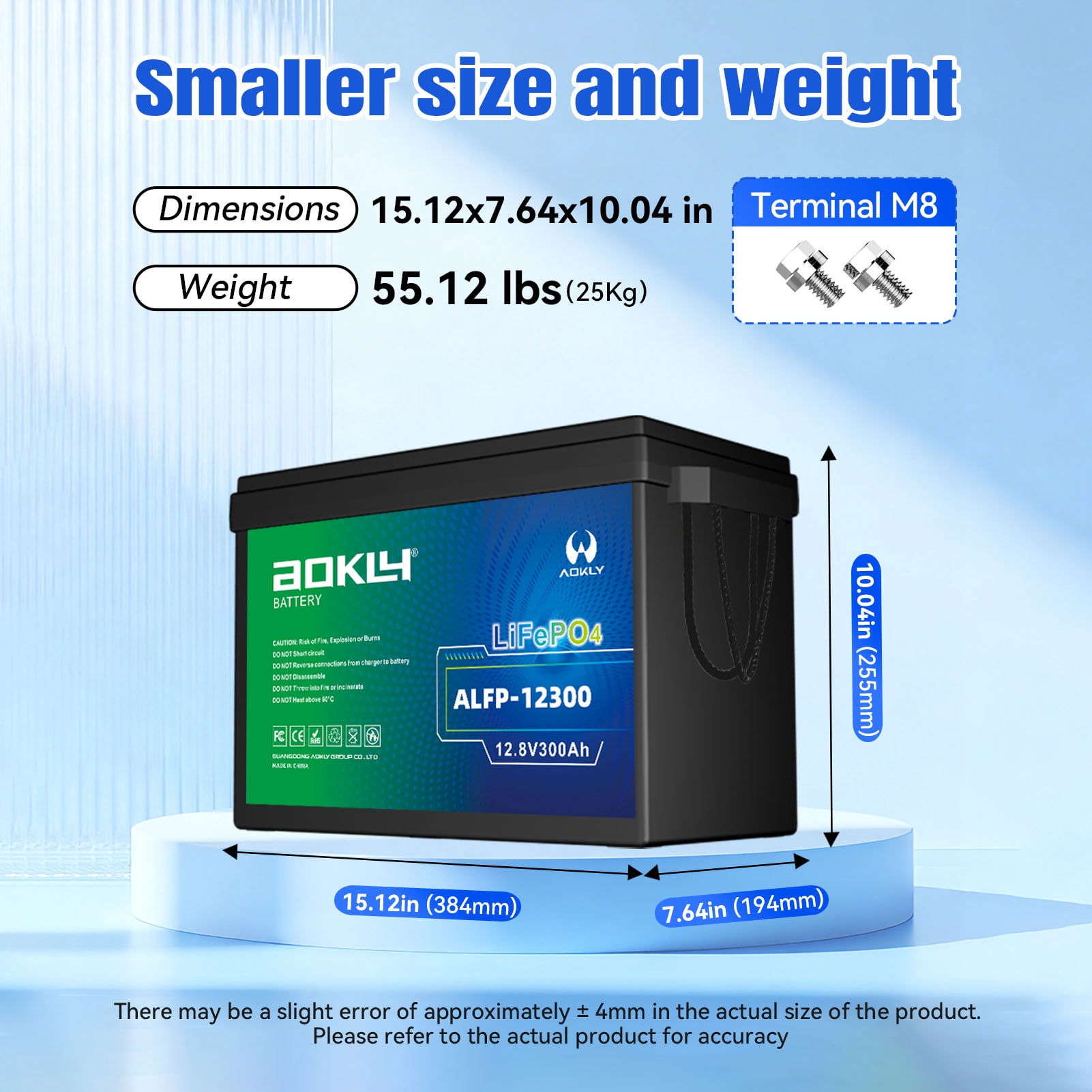 AOKLY Mini 12V 300Ah Lithium LiFePO4 Battery 200A BMS, 15000+ Deep Cycles, 3840Wh Low-Temp Cut-Off, Lithium Iron Phosphate Battery for RV Solar Marine TrollingMotor Off-Grid Backup Power Home Energy