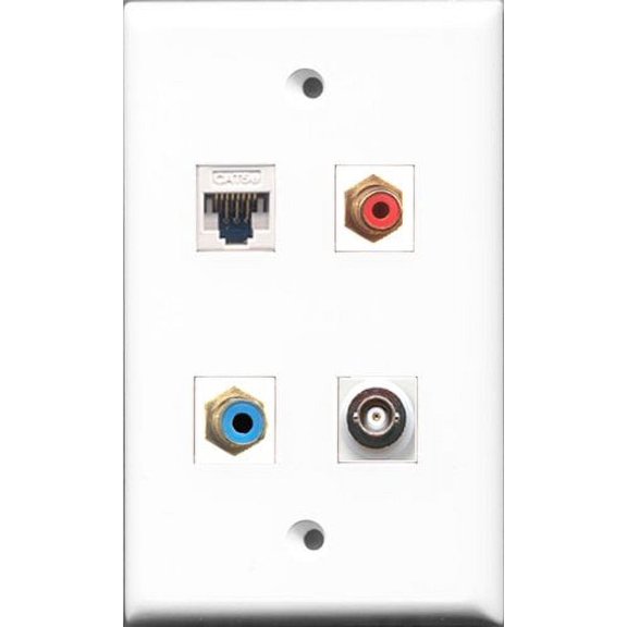 RiteAV 1 Port RCA Red and 1 Port RCA Blue and 1 Port BNC and 1 Port Cat5e Ethernet White Wall Plate