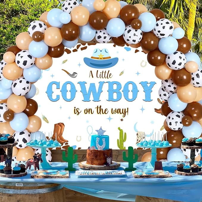 Cowboy Baby Shower Decorations for Boy, A Little Cowboy is on the Way Backdrop, Western Theme Baby Shower Decorations Blue Balloon Garland Arch Kit for Wild West Baby Shower