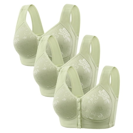 Gnurob on Sale 3 Pack Daisy Bras for Women No Underwire Bralette Front Closure Bra Comfort Senior Snap Closing Bralettes for Older Clearance 03-Beige Large