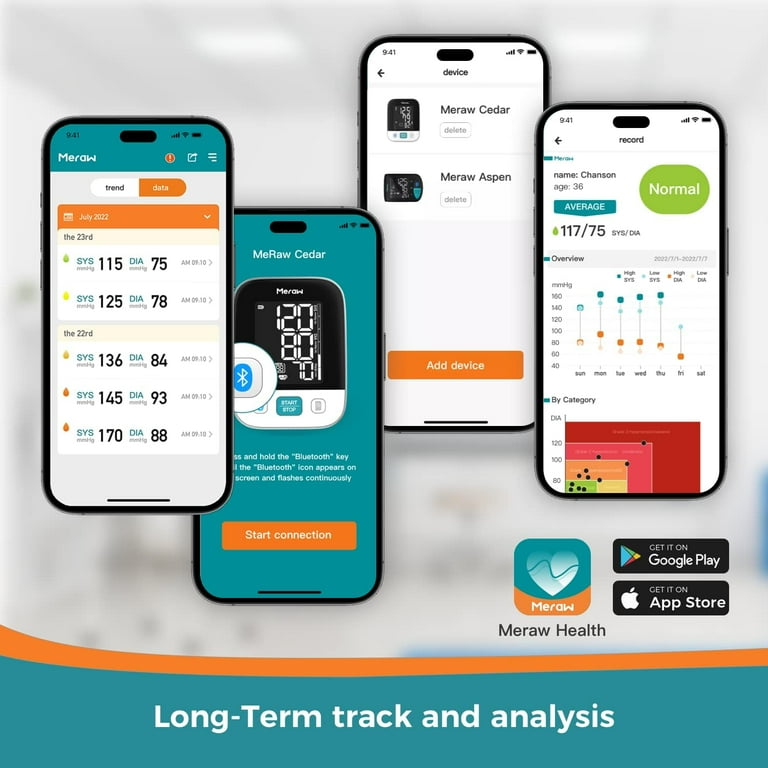 Meraw Cedar Arm Blood Pressure Monitor, Automatic Cuff 8.7-16.5" Bluetooth App Tracking