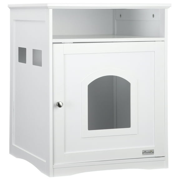 PawHut Cat Litter Box Enclosure Hidden Cabinet Cat Furniture Indoor Cat Washroom Nightstand End Table with Cat-sized Hole Wide Tabletop Storage Shelf (Litter Box Not Included)
