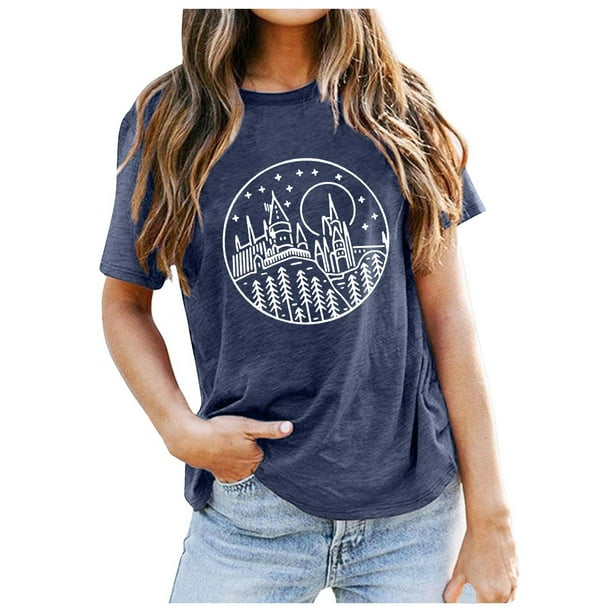 Camiseta informal de manga corta y cuello redondo estampada para mujer - Top de verano de color liso para el día a día
