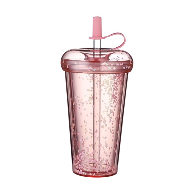 Injueey Botella de agua con pajita, sellado portátil para café, zumo, bebida escolar, taza para estudiantes, suministro de leche de doble capa, Teteras Rosado Injueey HA071811-04