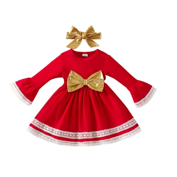 Odeerbi Toddler Girls Christmas Lace Sequins Bowknot Flared Sleeves Birthday Party Gown Dress