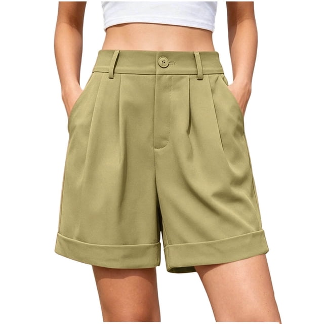 Fsgntruao Women's Fashion Solid Color Elastic Waist Pocket Button Zipper Shorts Pants