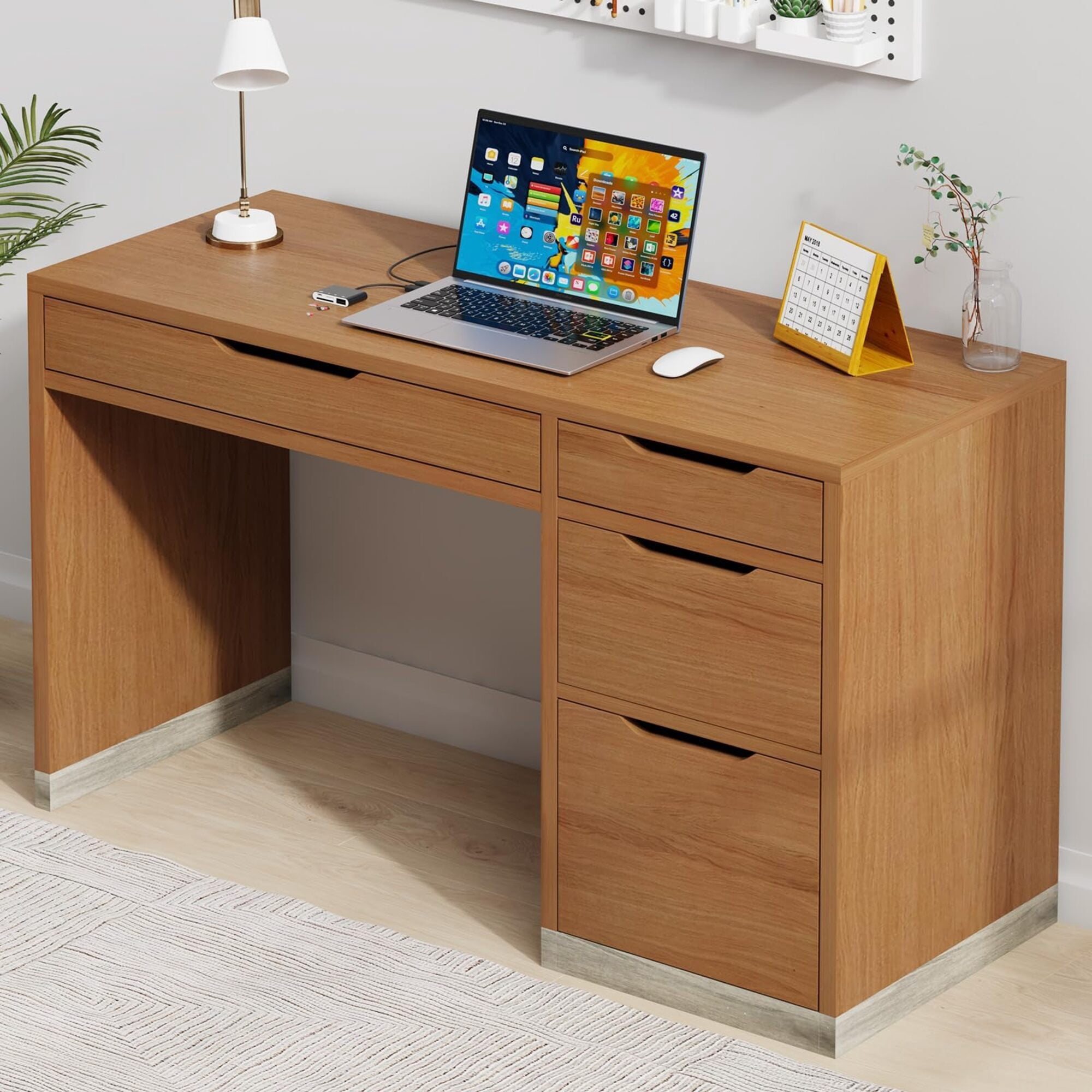 52 Inch 4-Drawer Computer Desk (Brown Finish), Home Office Desk with Multi-Size Drawers & Spacious Tabletop, Small Space-Friendly Solid Wood Desk for Bedroom/Study