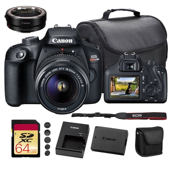 Canon EOS Rebel T100 DSLR Camera with 18-55mm Lens (2628C029)   EF-EOS R Adapter   Bag   64GB Card