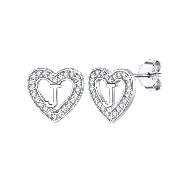 Pendientes de botón Silvora de plata esterlina con letra J y Zirconia cúbica brillante