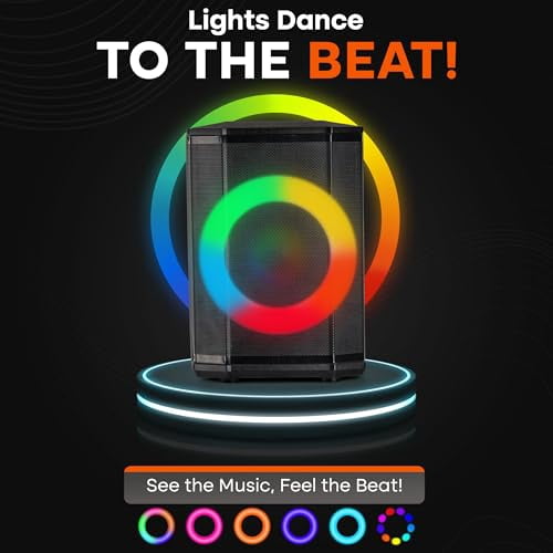 Pyle Portable Bluetooth Speaker with 8" Inch Woofer, TWS Function, Mic Input, USB/Micro SD/FM Radio, Colorful Ring Lights, 120W Rechargeable Battery, Tripod Stand, Hi-Fi Sound, Indoor/Outdoor Use