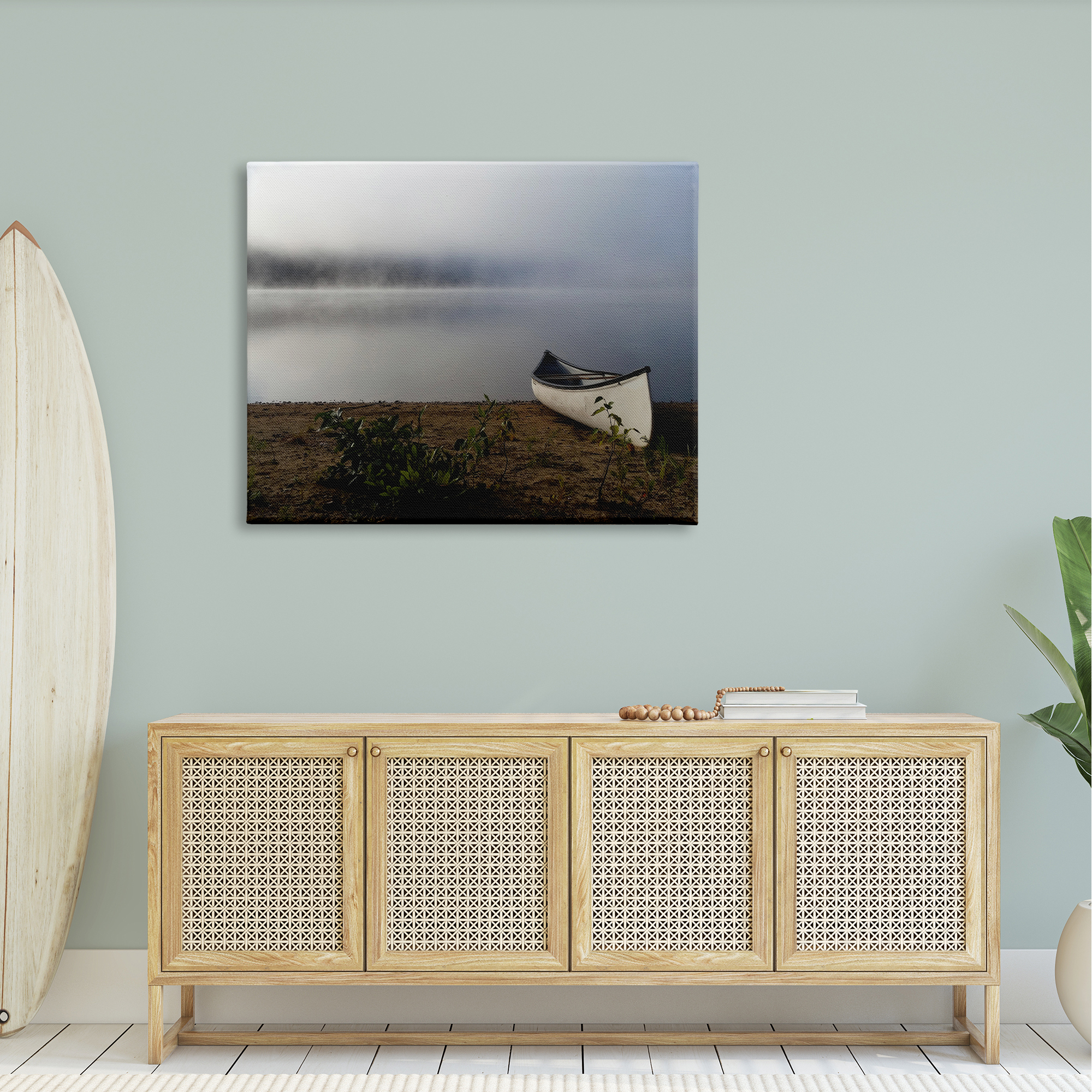 Stupell Industries Lone Canoe Tranquil Foggy Lake Beach Weather Photograph Gallery Wrapped Canvas Print Wall Art, Design by Daphne Polselli