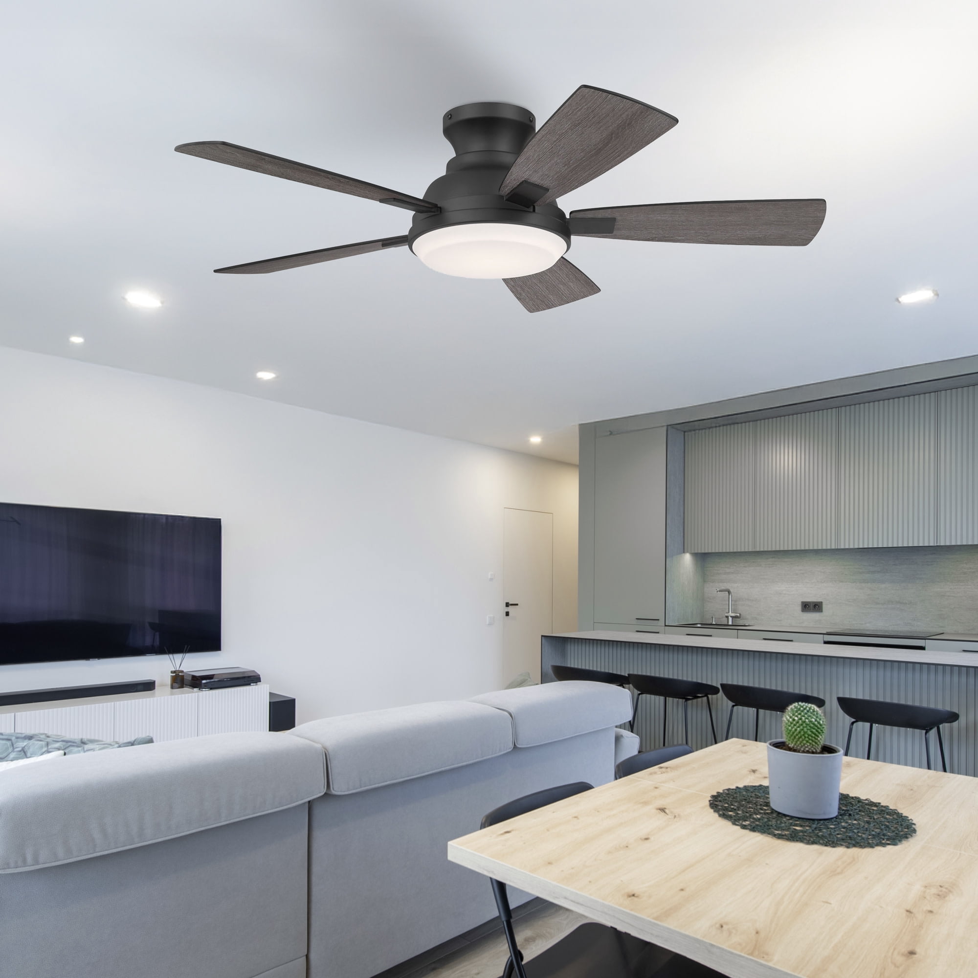 Matte Black 44 Inch Low Profile 5 Blade Indoor Ceiling Fan, Ideal for Bedrooms and Living Rooms, Quiet DC Motor, LED Light with Remote, Eleve Comfort
