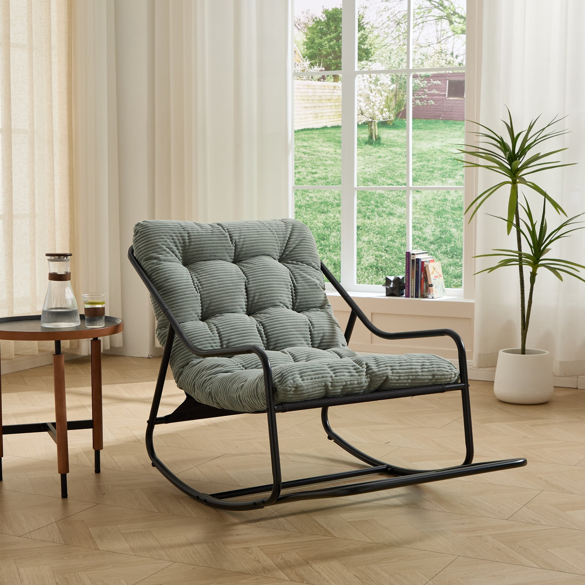 Outdoor Rocking Chair, Comfy Cushion, with Soft Thick Cushion,for Living Room, Bedroom, Reading Room, Black Frame
